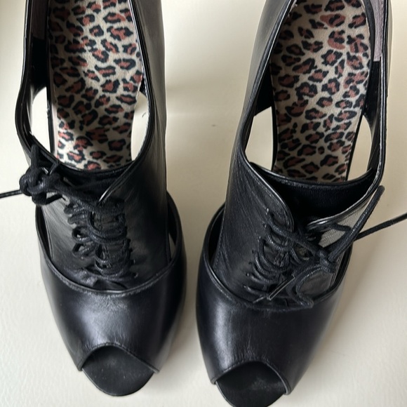 Nine West Black Leather Lace Up Peep Tow Platform Cut Out Shoes - Picture 5 of 8